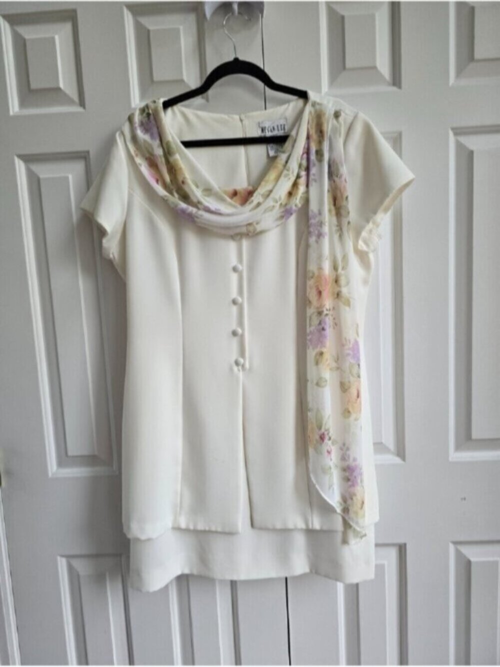 Megan Lee Cream Floral-Accent Short Sleeve Dress